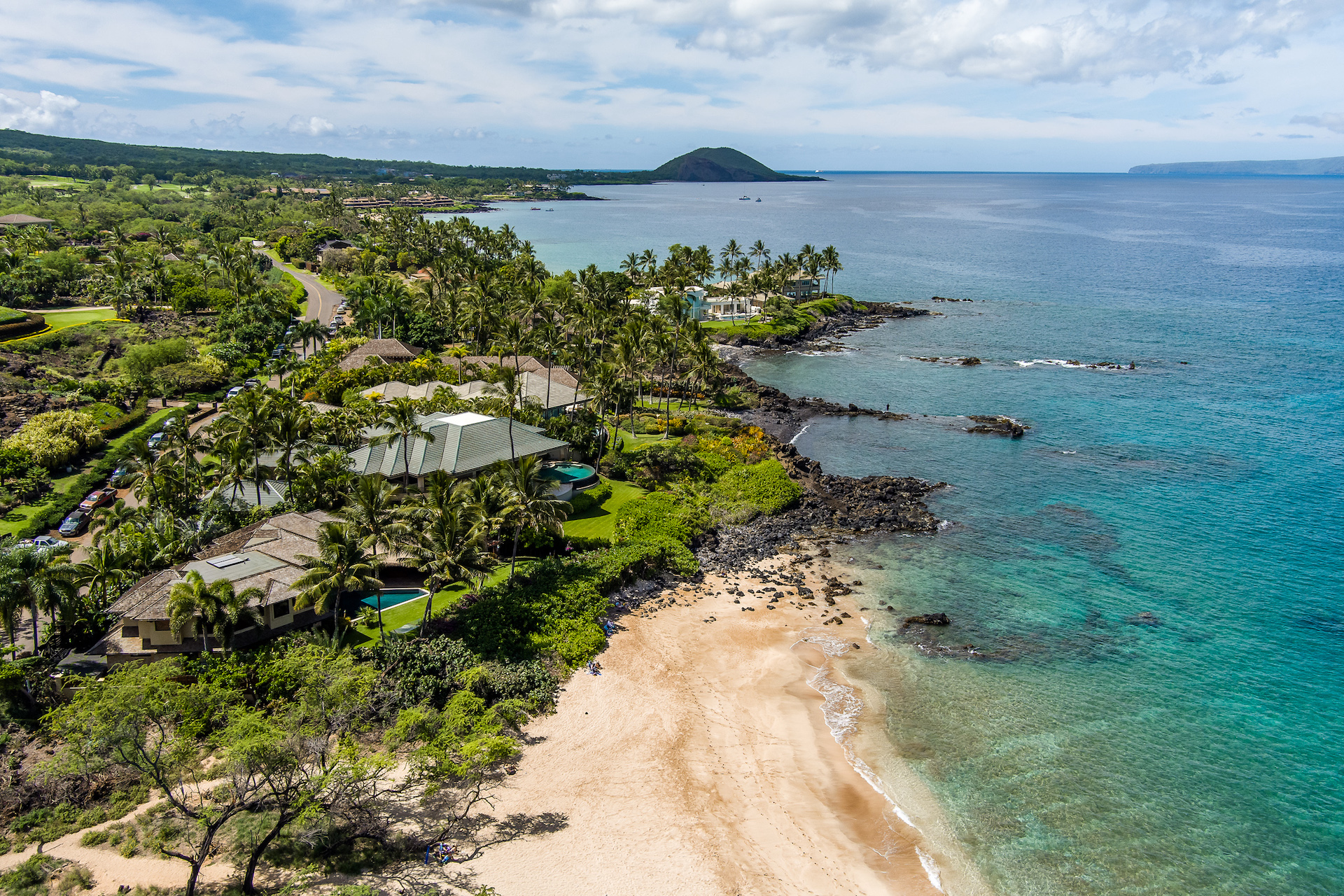 Aerial view looking south from Hale Palauea, Makena Beachfront Home, South Maui, Hawaii.
