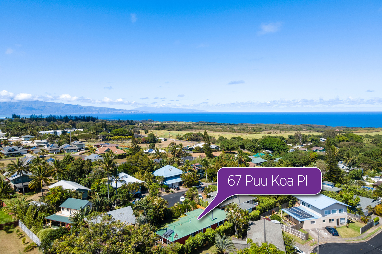 Aerial view of 67 Puu Koa Place in Haiku on the North Shore of Maui, looking towards Paia and Town. 