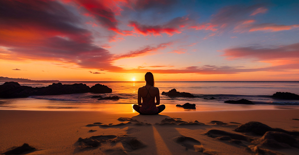Meditating on a Maui beach during sunset
