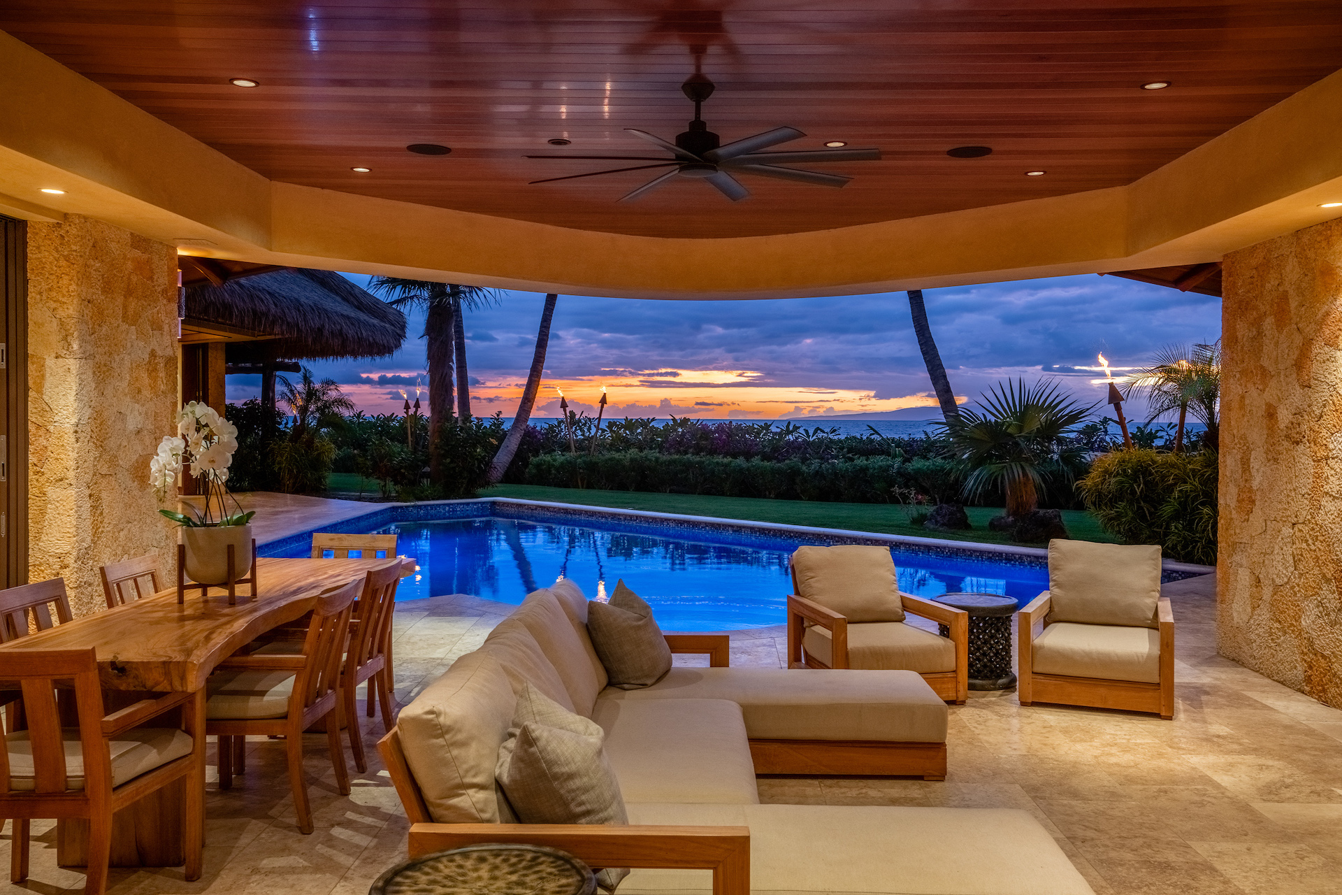 Covered Lanai and Pool at Hale Palauea Makena Beachfront Home, South Maui, Hawaii.