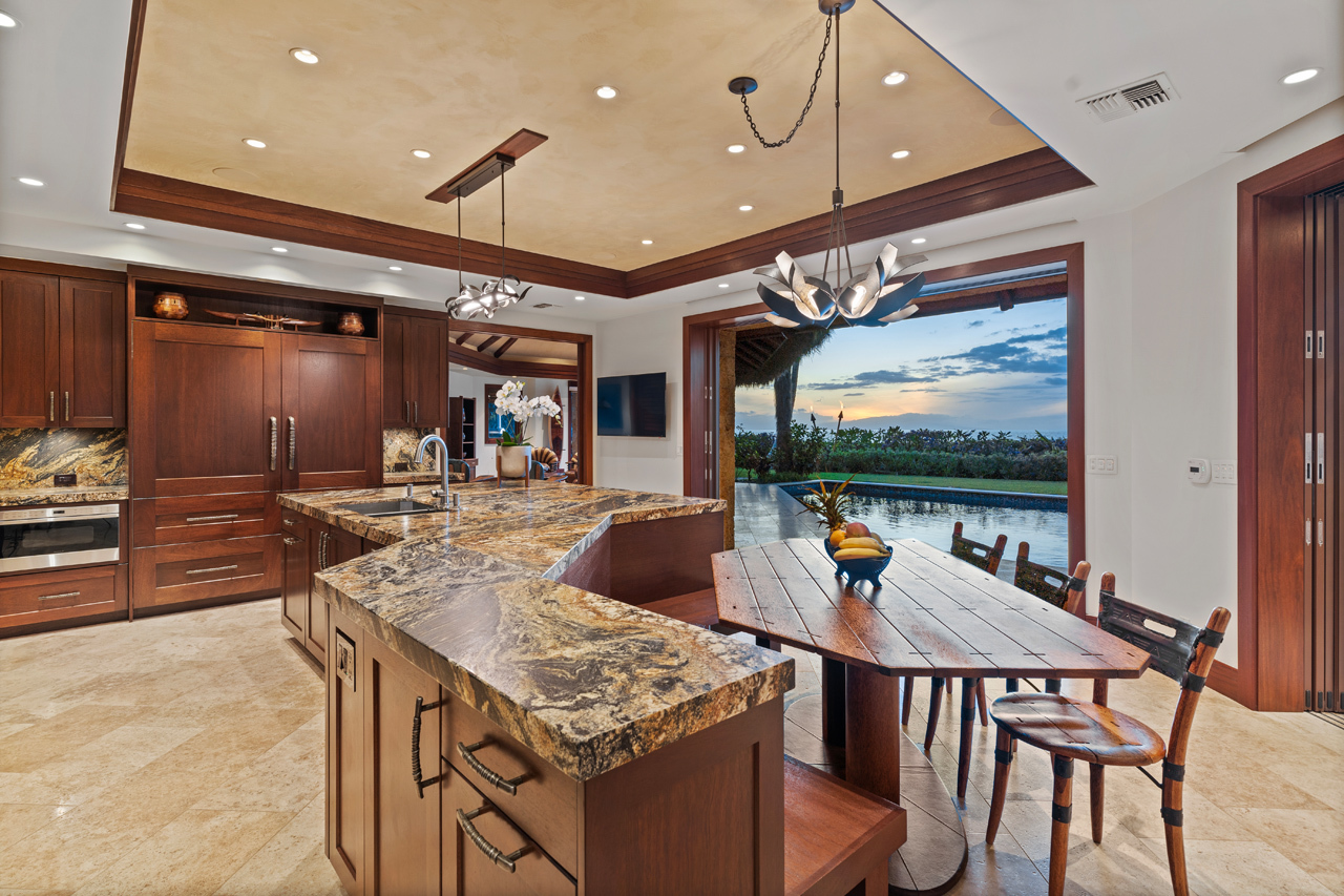 Indoor/Outdoor Living and Kitchen at Hale Palauea Makena Beachfront Home, South Maui, Hawaii.